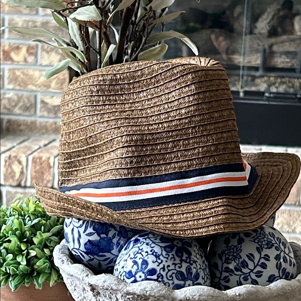 Gymboree Boys Brown Straw Fedora with Navy & Orange Band
